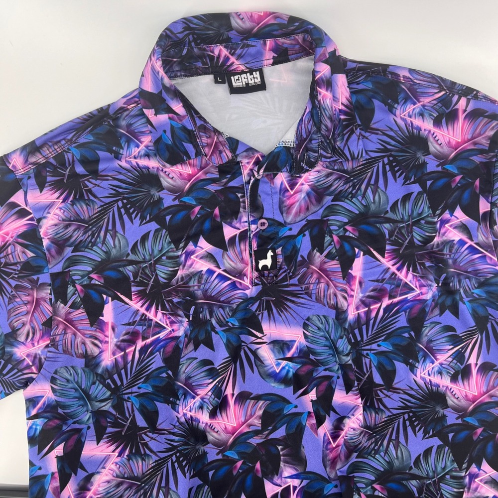Lofty Llama Mens Golf Polo Shirt Large Purple Neon Tropical Leaf Vaporwave
